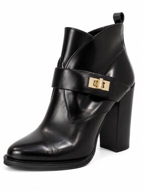 Hugo Boss Black Leather Ankle Boots Gold Buckle Block Heel EU 37